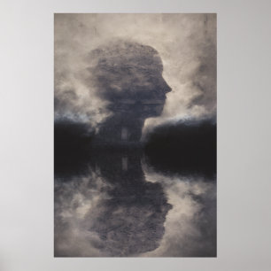 Silhouette vor kolossaler Nebelgesicht Poster