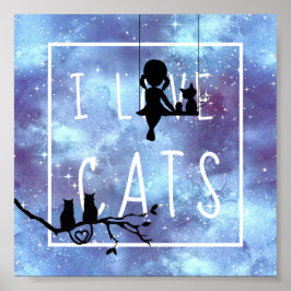Silhouette Watercolor Blue Galaxy Girl Cats Poster