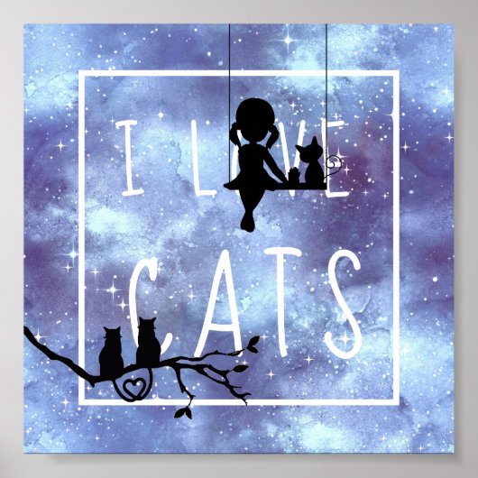 Silhouette Watercolor Blue Galaxy Girl Cats Poster (Vorne)