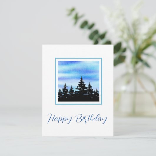 Silhouette Watercolor Blue Violet Sky & Trees Karte (Stehend Vorderseite)