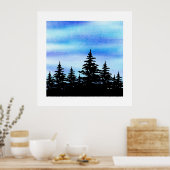 Silhouette Watercolor Blue Violet Sky & Trees Poster (Küche)