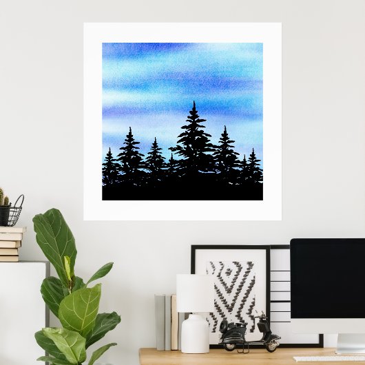 Silhouette Watercolor Blue Violet Sky & Trees Poster (Heimbüro)
