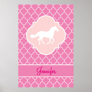 Silhouette Weißes Pferd Rosa Quatrefolie mit Name Poster