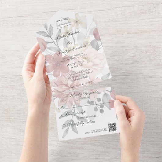 Silhouette Wildblume Bouquet mit QR-Code All In One Einladung (Abreißen)