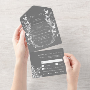 Silhouette Wreath Wedding Gray All In One Einladung