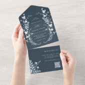 Silhouette Wreath Wedding Navy mit weißer Wildblum All In One Einladung (Abreißen)