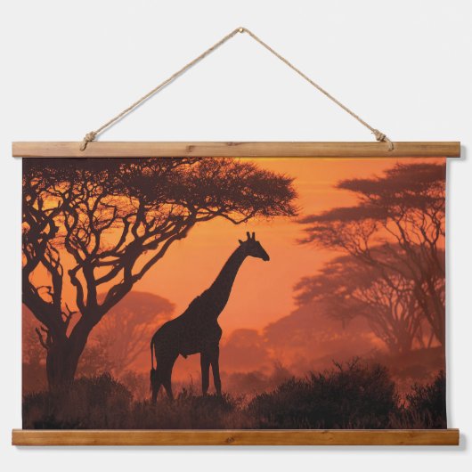 Silhouetted Giraffe Sunset Safari Wall Art Wandteppich Mit Holzrahmen (Vorne)
