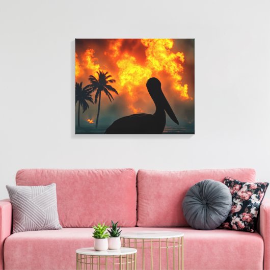Silhouetted Pelican Watching a Wildfire Leinwanddruck (Insitu (Wohnzimmer))