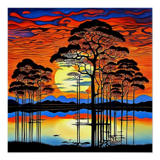 Silhouetted trees at Sunset 1 Poster (Vorderseite)