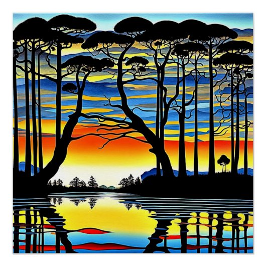 Silhouetted trees at Sunset 2 Poster (Vorderseite)