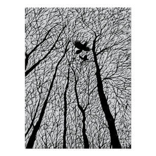 Silhouetten von Raben in den Winterbäumen Poster