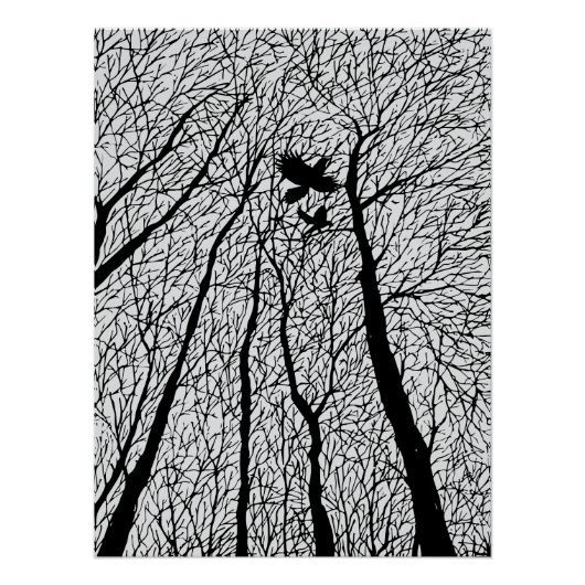 Silhouetten von Raben in den Winterbäumen Poster (Vorderseite)