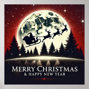 Silhouetten von Weihnachtsmann und Rentieren im Fl Poster
