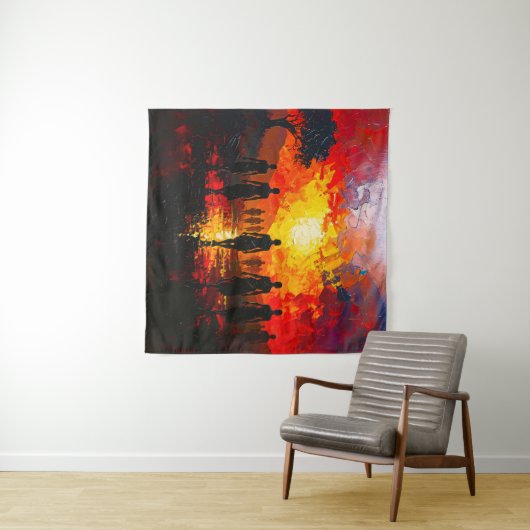 Silhouettes at Sunset: Fiery Horizon Walkers Wandteppich (Beispiel (Horizontal))