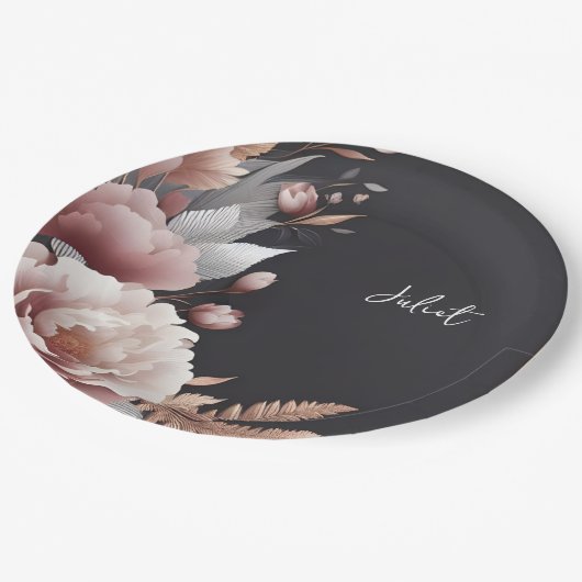 Silk Pink Boho Peony Dusty Rose Brautparty Pappteller (Schrägansicht)