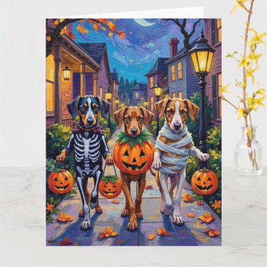Silken Windhound Dogs in Halloween Costumes Karte (Gelbe Blume)