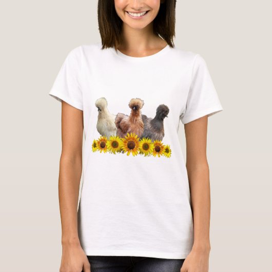 Silkie Bantam Chicken Trio und Sonnenblumen T-Shirt (Vorderseite)