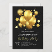 Silky Golden Balloons Stars Black Birthday Einladung (Vorderseite)