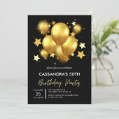 Silky Golden Balloons Stars Black Birthday Einladung (Stehend Vorderseite)
