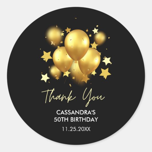Silky Golden Balloons Stars Black Birthday Runder Aufkleber (Vorderseite)