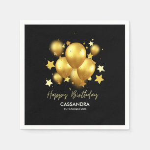 Silky Golden Balloons Stars Black Birthday Serviette