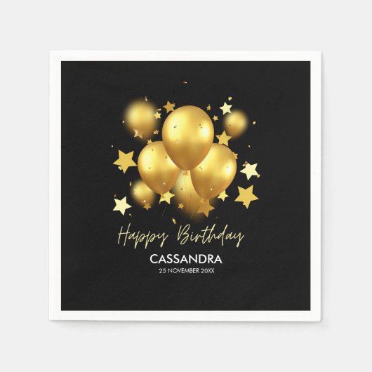 Silky Golden Balloons Stars Black Birthday Serviette (Vorderseite)