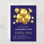Silky Golden Balloons Stars Navy Geburtstag Einladung (Vorderseite)