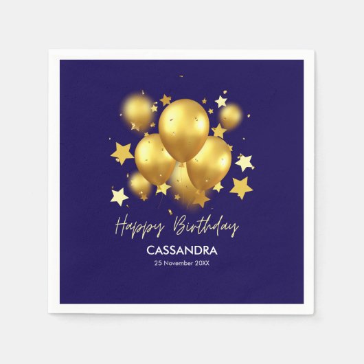 Silky Golden Balloons Stars Navy Geburtstag Serviette (Vorderseite)