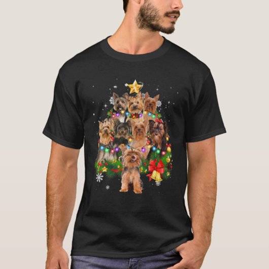 Silky Terrier Christmas Dog Tree Lights Pajamas Fa T-Shirt (Vorderseite)
