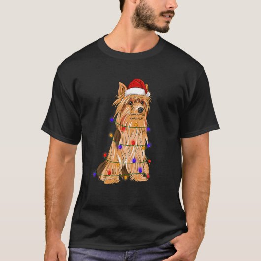 Silky Terrier Dog Tragen Weihnachtshut Lichter T-Shirt (Vorderseite)