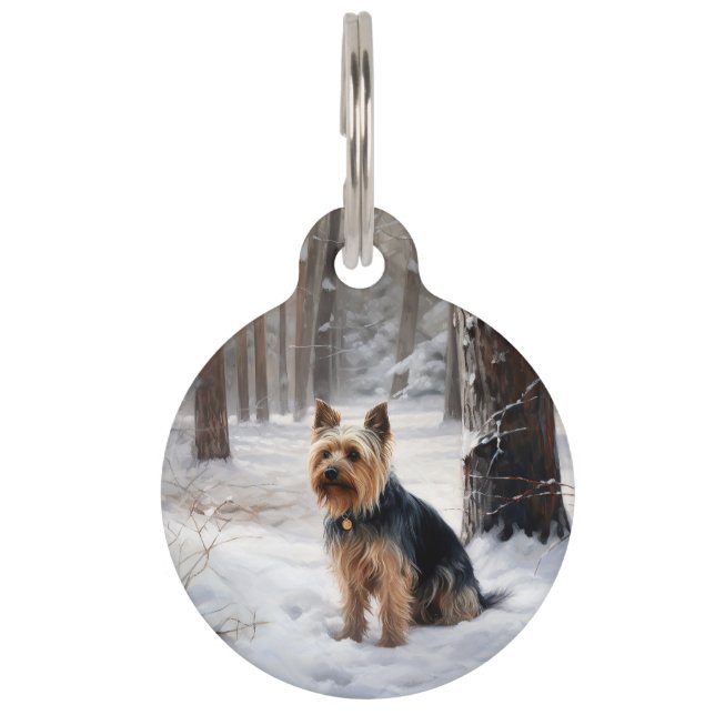 Silky Terrier lässt es Weihnachten schnee Haustiermarke (Vorderseite)
