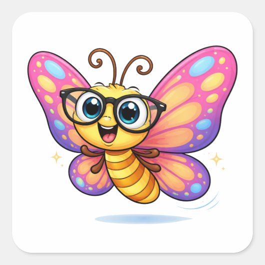 Silly Butterfly Cartoon With Glasses Quadratischer Aufkleber (Vorderseite)