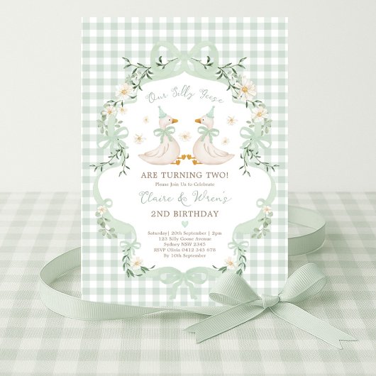 Silly Geese Twins Sage Green Bow Gingham Birthday Einladung