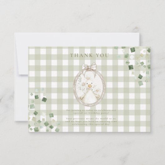 Silly Goose 1st Birthday Green Gingham Dankeskarte (Vorderseite)