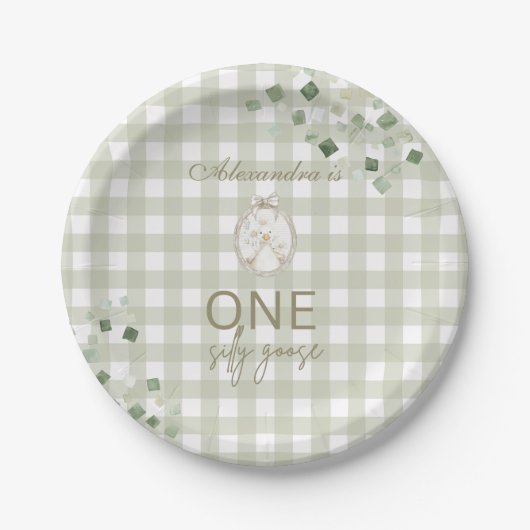 Silly Goose 1st Birthday Green Gingham Pappteller (Vorderseite)
