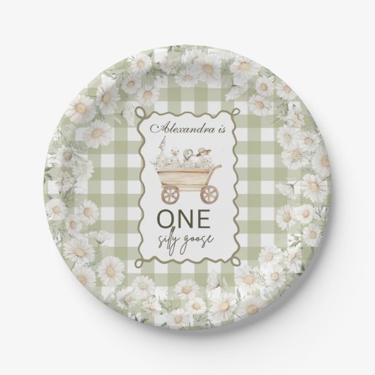 Silly Goose 1st Birthday Green Gingham Pappteller (Vorderseite)