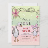Silly Goose 1st Birthday Pink Bow Green Coquette  Einladung (Vorderseite)