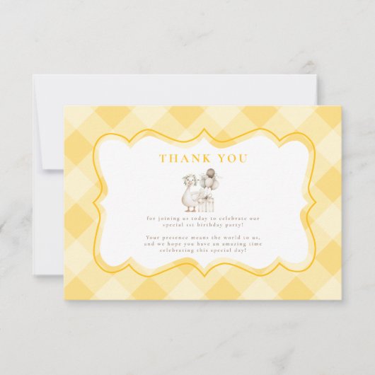 Silly Goose 1st Birthday Yellow Gingham Dankeskarte (Vorderseite)