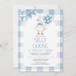 Silly Goose 3rd Birthday Blue Bow Gingham Balloon  Einladung
