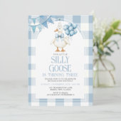 Silly Goose 3rd Birthday Blue Bow Gingham Balloon  Einladung (Stehend Vorderseite)