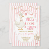 Silly Goose 3rd Birthday Pink Bow Stripe Balloon  Einladung (Vorne/Hinten)