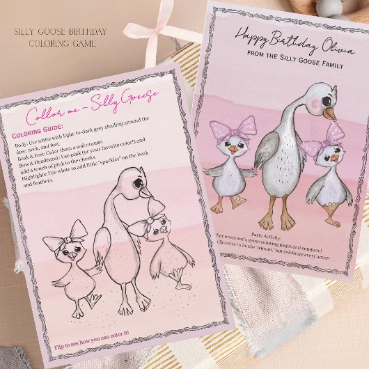 Silly Goose Birthday Coloring Game Pink Bow Card Einladung