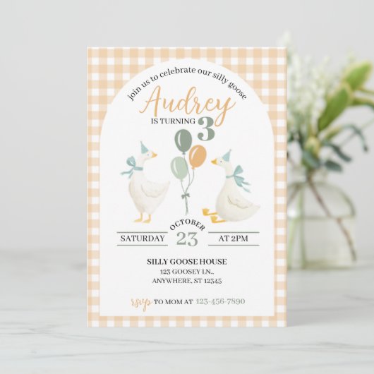 Silly Goose Birthday Invitation | Watercolor Plaid (Stehend Vorderseite)