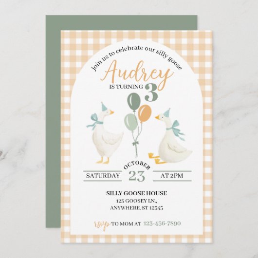 Silly Goose Birthday Invitation | Watercolor Plaid (Vorne/Hinten)