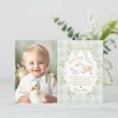 Silly Goose Birthday Sage Gingham Thank you card Einladung (Stehend Vorderseite)