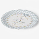 Silly Goose Blue Bow Daisy Gingham Baby Shower Pappteller (Schrägansicht)