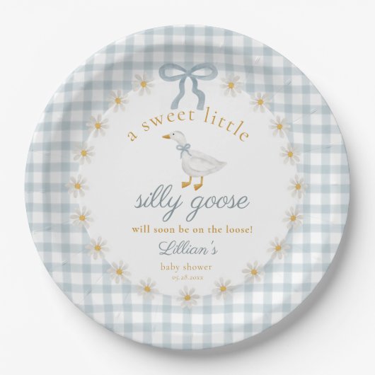 Silly Goose Blue Bow Daisy Gingham Baby Shower Pappteller (Vorderseite)