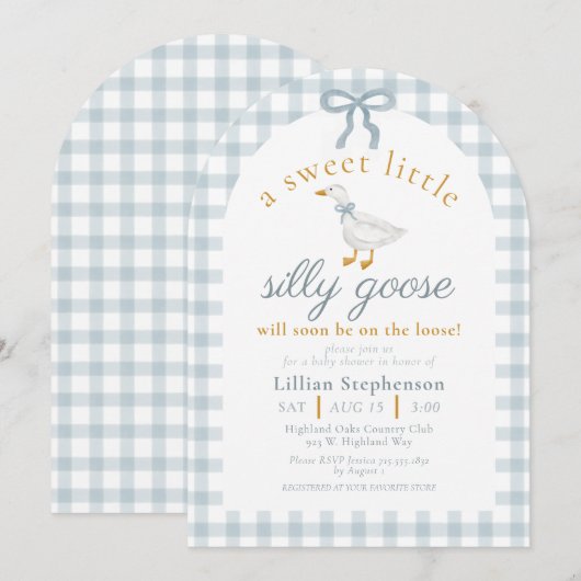 Silly Goose Blue Bow Duck Gingham Baby Shower Arch Einladung (Vorne/Hinten)