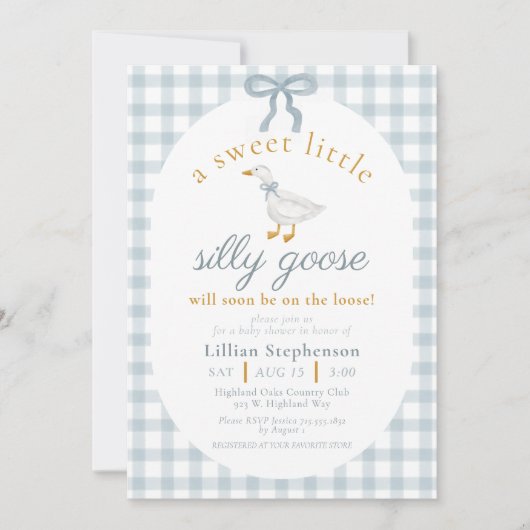 Silly Goose Blue Bow Duck Gingham Baby Shower Einladung (Vorderseite)
