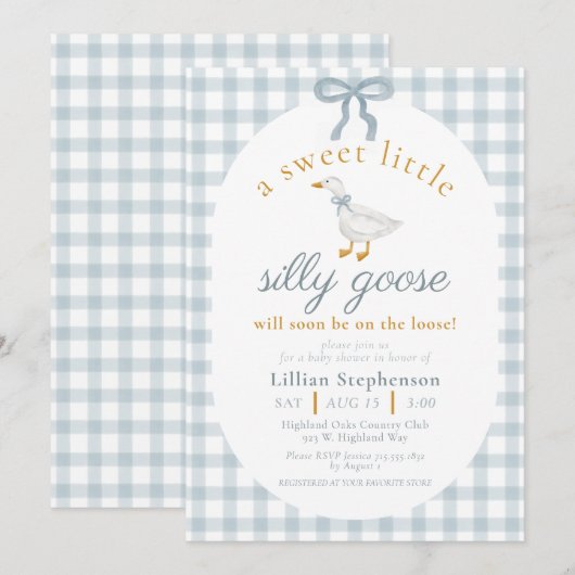 Silly Goose Blue Bow Duck Gingham Baby Shower Einladung (Vorne/Hinten)
